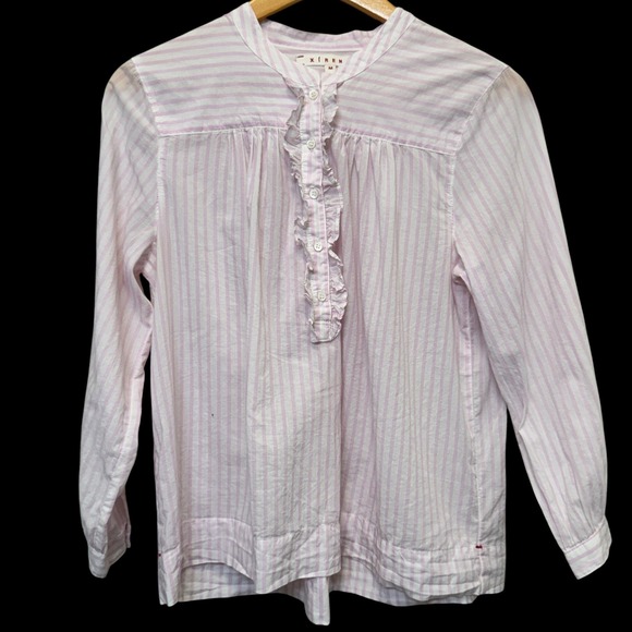 XiRENA Tops - Xirena Womens Frankie Ruffle Blouse M Pink White Stripe Button Up Coastal